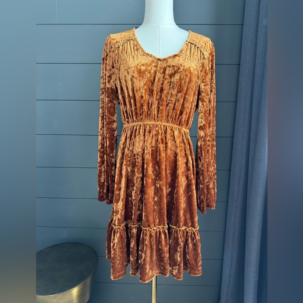 Jodifl NWT Crush Velvet Boho Mini Dress Long Sleeve | Rust Brown | Size S | Fall
